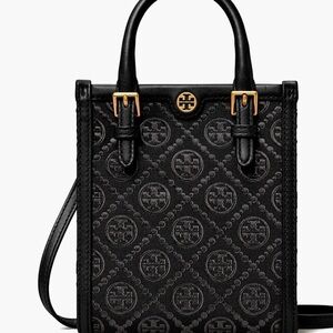 Tory Burch Black Logo-Embossed Mini Tote with Gold Hardware